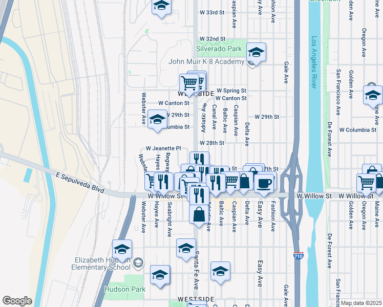 map of restaurants, bars, coffee shops, grocery stores, and more near 2760 Wetherly Avenue in Long Beach