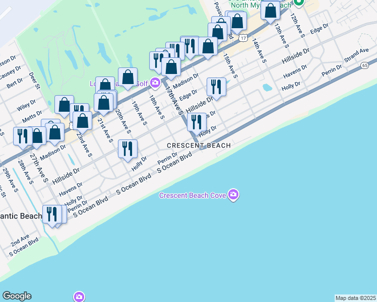 map of restaurants, bars, coffee shops, grocery stores, and more near 1710 South Ocean Boulevard in North Myrtle Beach