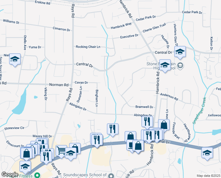 map of restaurants, bars, coffee shops, grocery stores, and more near 4331 Bramwell Drive in Stone Mountain