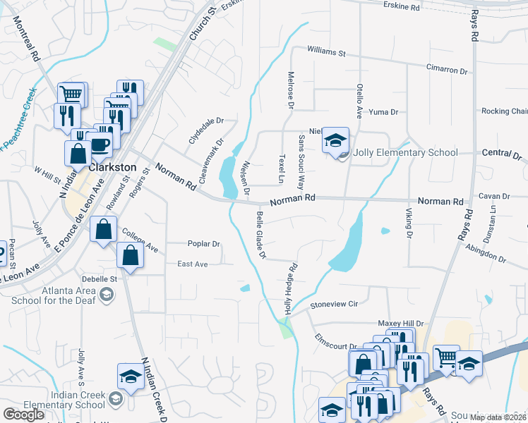 map of restaurants, bars, coffee shops, grocery stores, and more near 989 Belle Glade Drive in Stone Mountain