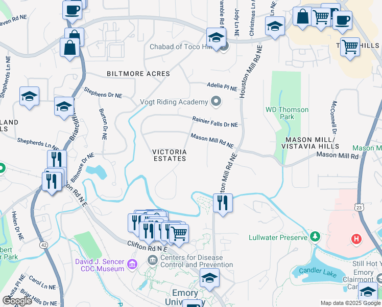 map of restaurants, bars, coffee shops, grocery stores, and more near 993 Castle Falls Drive Northeast in Atlanta
