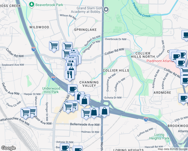map of restaurants, bars, coffee shops, grocery stores, and more near 1896 Sunbury Place Northwest in Atlanta