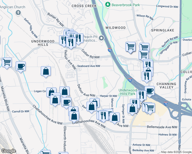 map of restaurants, bars, coffee shops, grocery stores, and more near 1910 Volberg Street Northwest in Atlanta