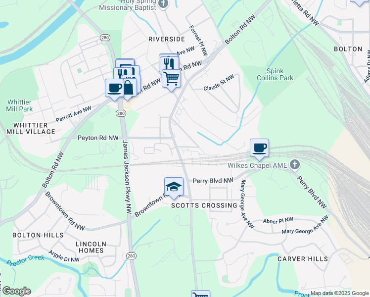map of restaurants, bars, coffee shops, grocery stores, and more near 2549 Astaire Court NorthWest in Atlanta