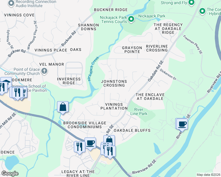 map of restaurants, bars, coffee shops, grocery stores, and more near 1468 Riverline Court Southeast in Mableton