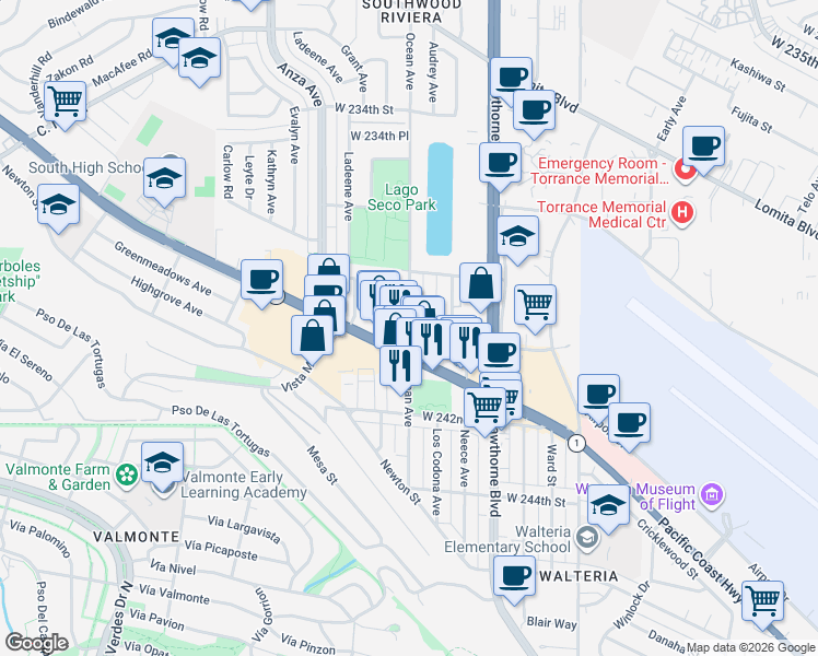 map of restaurants, bars, coffee shops, grocery stores, and more near in Torrance