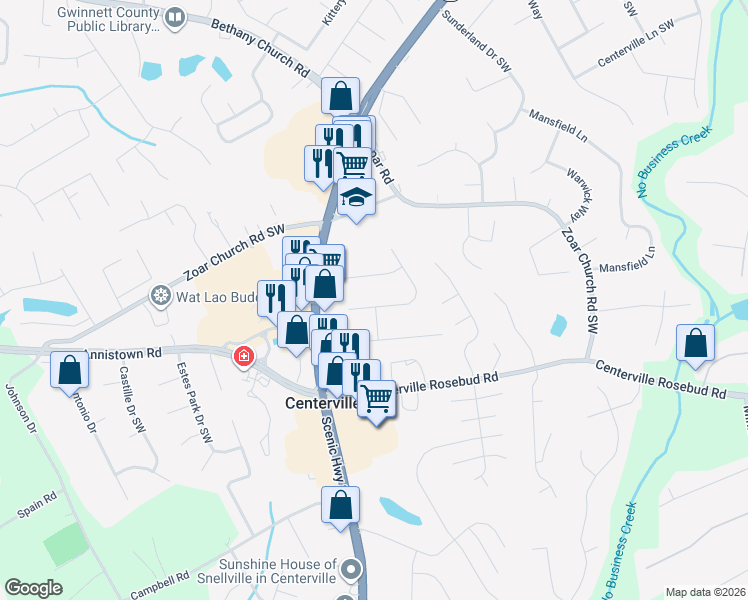 map of restaurants, bars, coffee shops, grocery stores, and more near 3833 Palisade Court Southwest in Snellville
