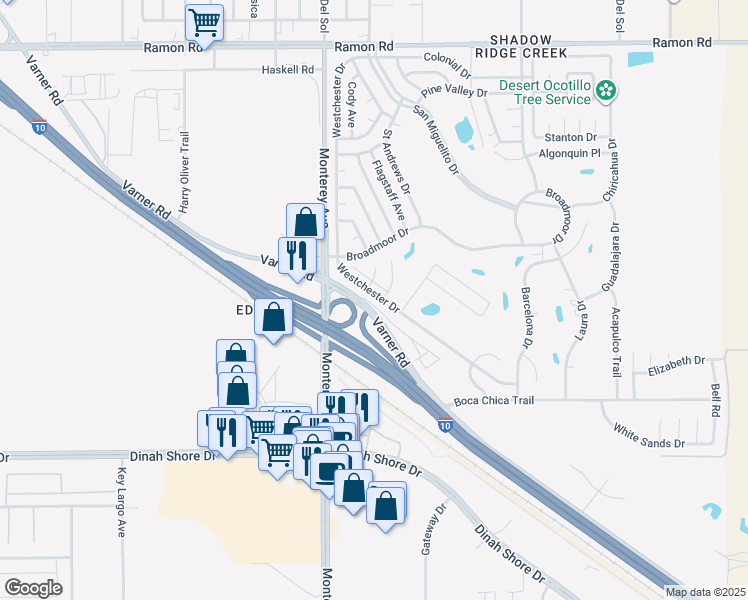 map of restaurants, bars, coffee shops, grocery stores, and more near 33261 Westchester Drive in Thousand Palms
