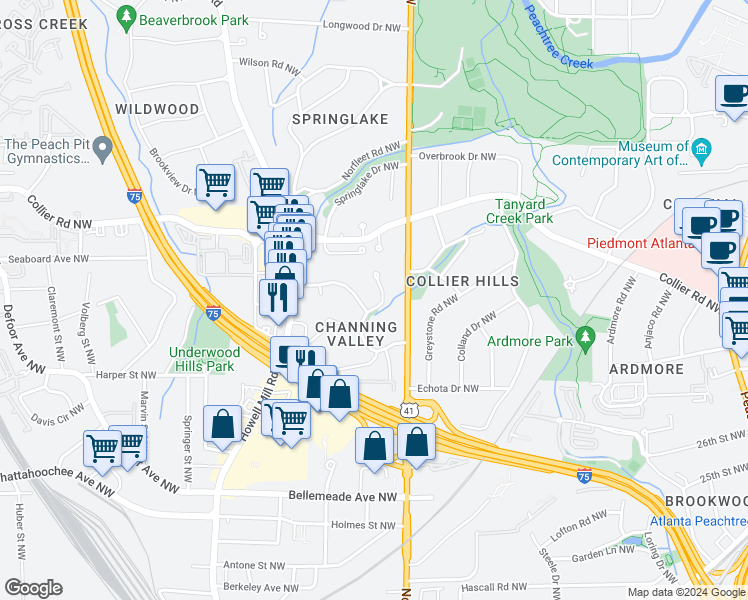 map of restaurants, bars, coffee shops, grocery stores, and more near 1896 Sunbury Place Northwest in Atlanta