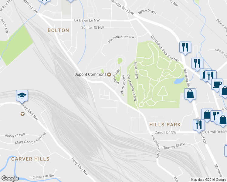 map of restaurants, bars, coffee shops, grocery stores, and more near Marietta Road Northwest & Dupont Commons Drive Northwest in Atlanta