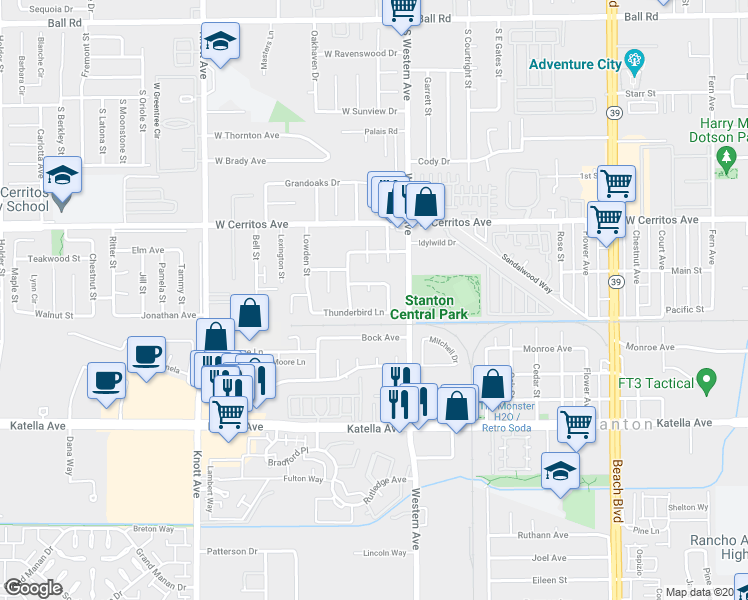 map of restaurants, bars, coffee shops, grocery stores, and more near 10646 Courson Drive in Stanton