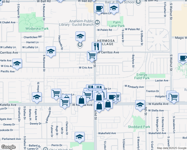 map of restaurants, bars, coffee shops, grocery stores, and more near 1621 South Euclid Street in Anaheim