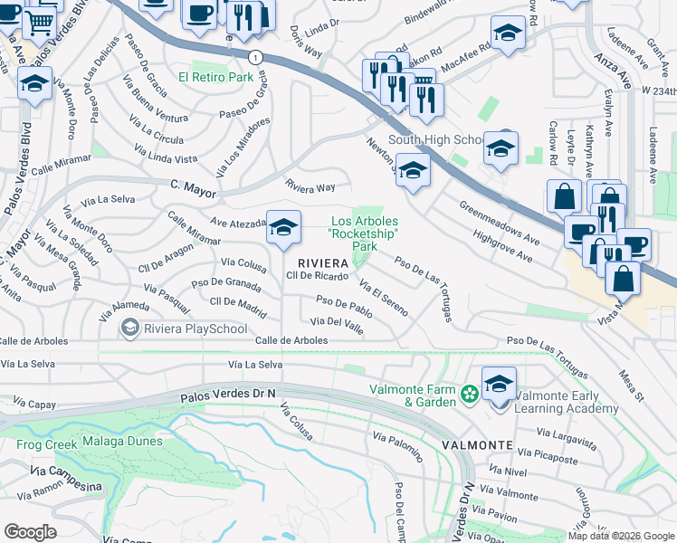 map of restaurants, bars, coffee shops, grocery stores, and more near 5401 Calle De Ricardo in Torrance