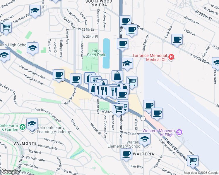 map of restaurants, bars, coffee shops, grocery stores, and more near 23818 Los Codona Avenue in Torrance