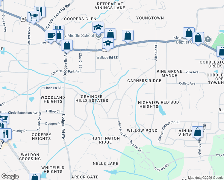 map of restaurants, bars, coffee shops, grocery stores, and more near 6012 Ridge Dr SE in Mableton