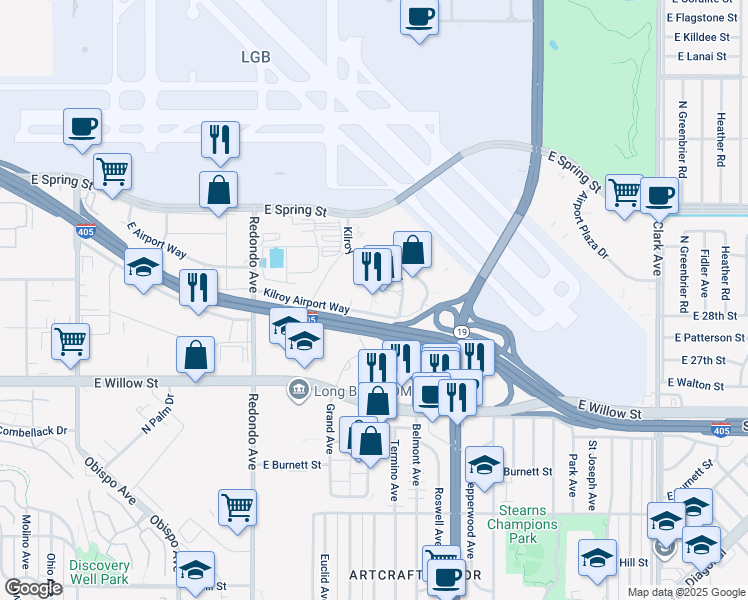 map of restaurants, bars, coffee shops, grocery stores, and more near 3780 Kilroy Airport Way in Long Beach