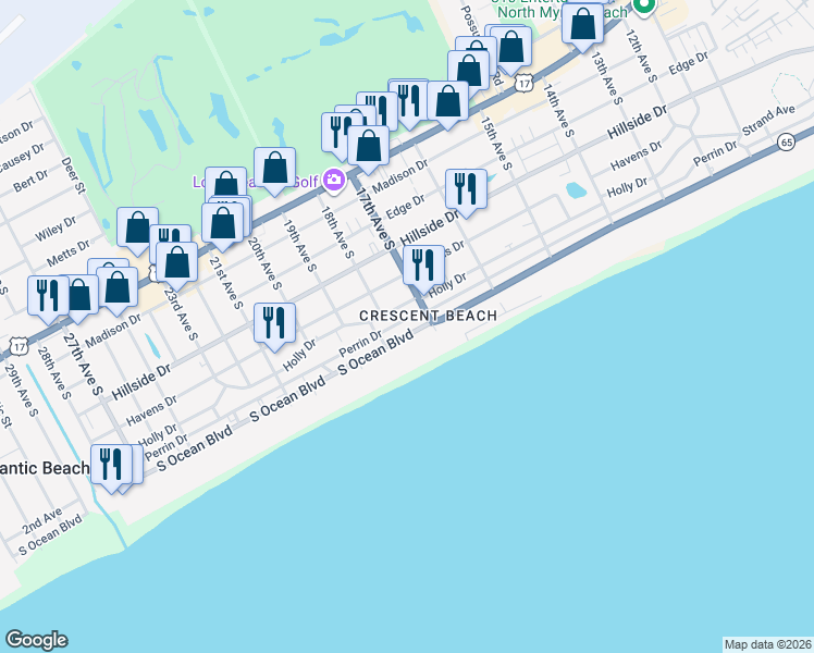 map of restaurants, bars, coffee shops, grocery stores, and more near 1710 South Ocean Boulevard in North Myrtle Beach