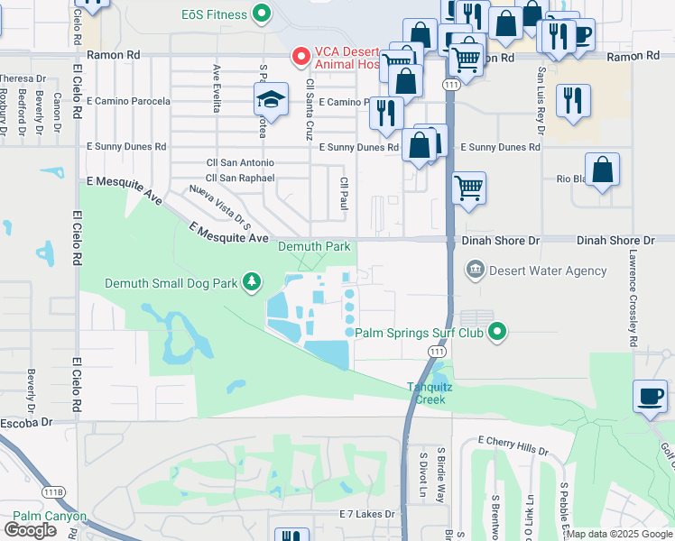 map of restaurants, bars, coffee shops, grocery stores, and more near 4375 East Mesquite Avenue in Palm Springs