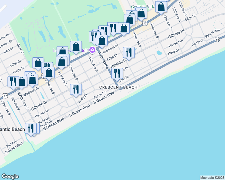 map of restaurants, bars, coffee shops, grocery stores, and more near 1710 South Ocean Boulevard in North Myrtle Beach