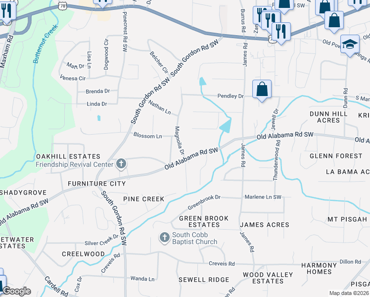 map of restaurants, bars, coffee shops, grocery stores, and more near 6031 Magnolia Drive in Austell