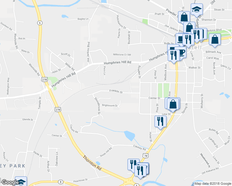 map of restaurants, bars, coffee shops, grocery stores, and more near 3105 Franklin Street in Austell