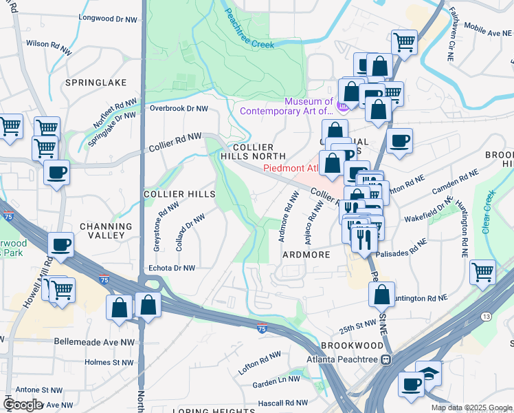 map of restaurants, bars, coffee shops, grocery stores, and more near 1911 Dellwood Drive Northwest in Atlanta