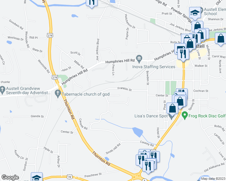map of restaurants, bars, coffee shops, grocery stores, and more near 3175 Franklin Street in Austell