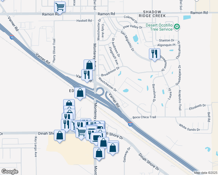 map of restaurants, bars, coffee shops, grocery stores, and more near 33261 Westchester Drive in Thousand Palms