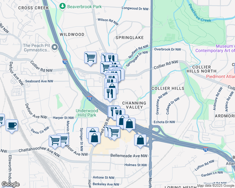map of restaurants, bars, coffee shops, grocery stores, and more near 1921 Howell Mill Road Northwest in Atlanta