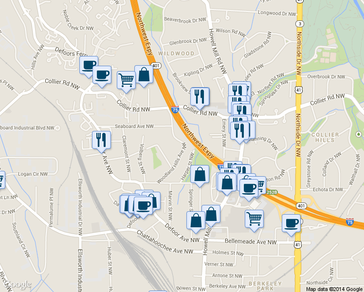 map of restaurants, bars, coffee shops, grocery stores, and more near 1904 Woodland Hills Avenue Northwest in Atlanta