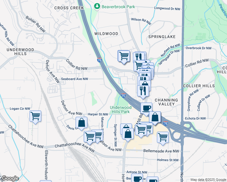 map of restaurants, bars, coffee shops, grocery stores, and more near 1911 Woodland Hills Avenue Northwest in Atlanta