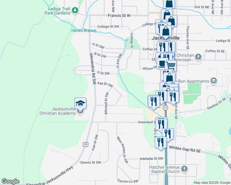 map of restaurants, bars, coffee shops, grocery stores, and more near 2027 Kay Drive Southwest in Jacksonville