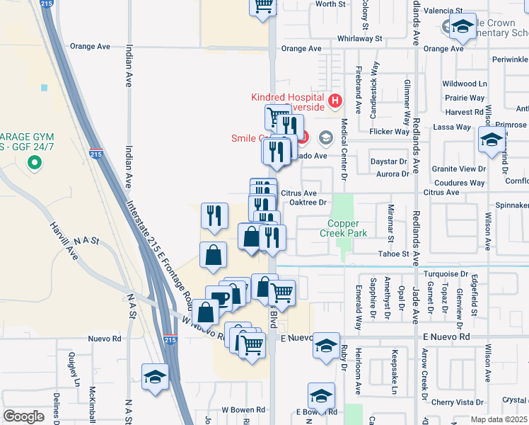 map of restaurants, bars, coffee shops, grocery stores, and more near 1860 North Perris Boulevard in Perris