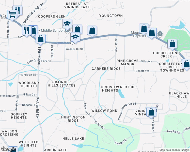 map of restaurants, bars, coffee shops, grocery stores, and more near 5995 Allen Road Southeast in Mableton