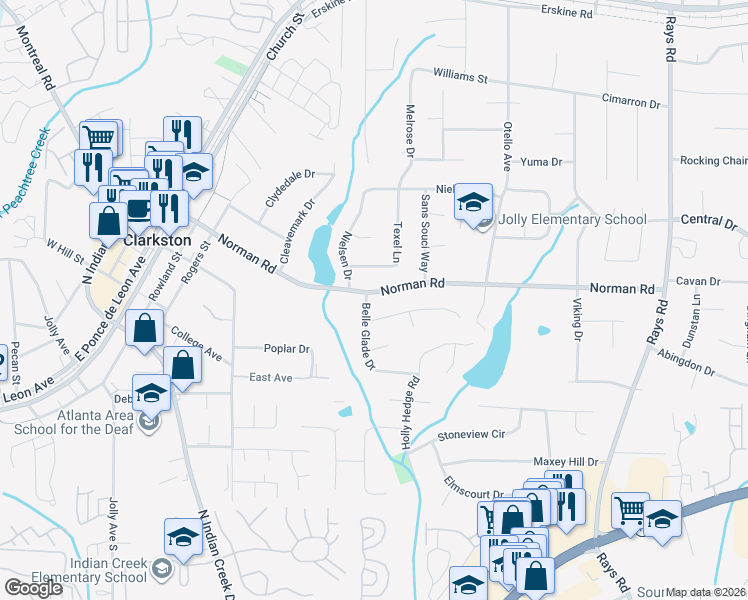 map of restaurants, bars, coffee shops, grocery stores, and more near 989 Belle Glade Dr in Stone Mountain