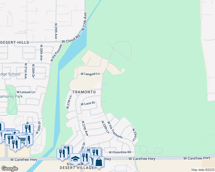 map of restaurants, bars, coffee shops, grocery stores, and more near 35511 North Vía Tramonto in Phoenix