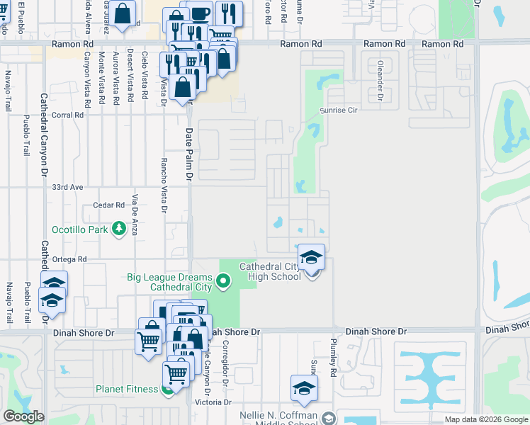 map of restaurants, bars, coffee shops, grocery stores, and more near 69411 Ramon Road in Cathedral City