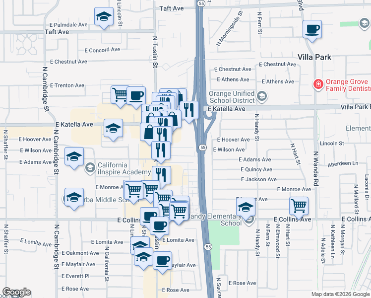 map of restaurants, bars, coffee shops, grocery stores, and more near 1944 East Wilson Avenue in Orange