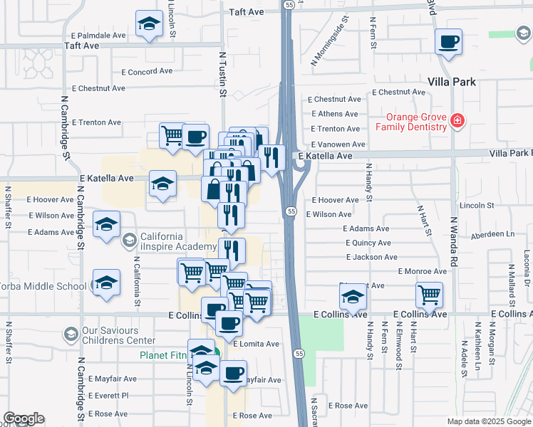 map of restaurants, bars, coffee shops, grocery stores, and more near 1944 East Wilson Avenue in Orange