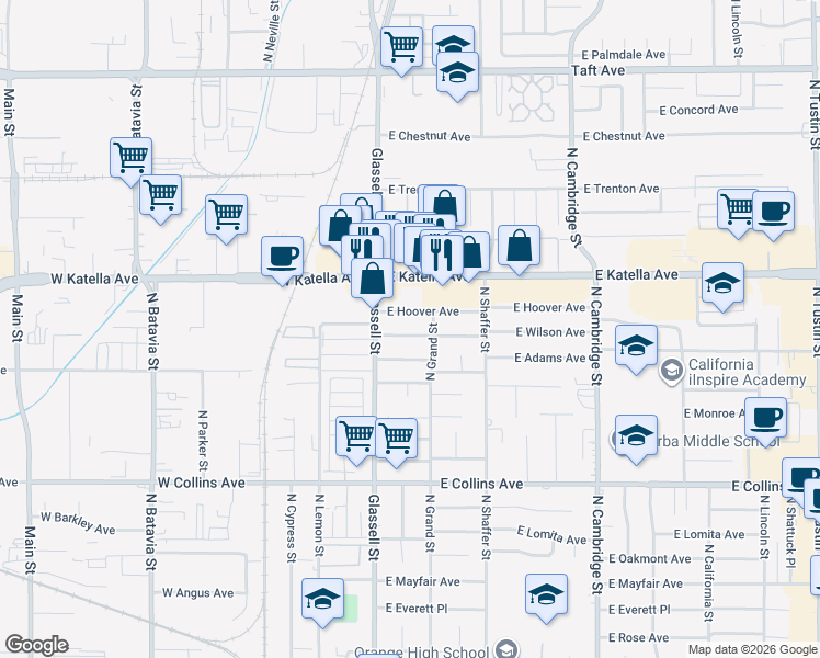 map of restaurants, bars, coffee shops, grocery stores, and more near 144 East Wilson Avenue in Orange