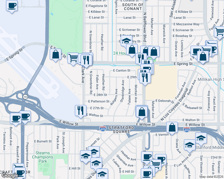 map of restaurants, bars, coffee shops, grocery stores, and more near 2801 Rutgers Avenue in Long Beach