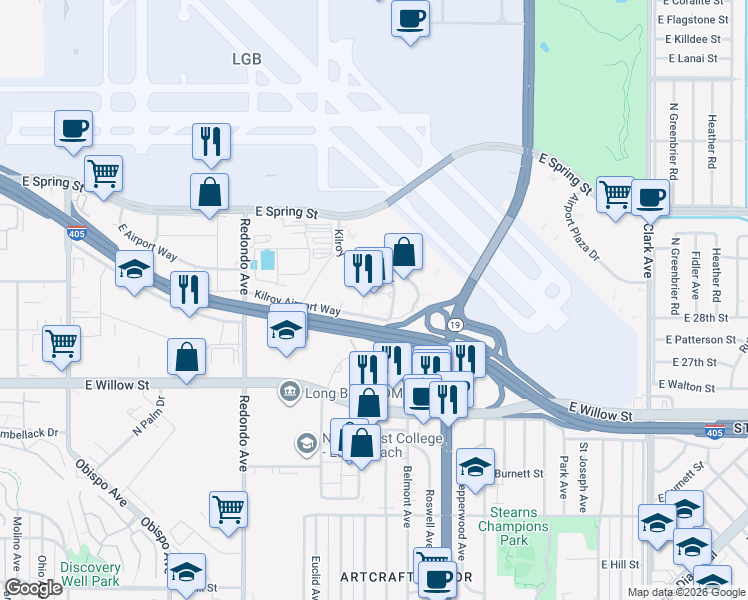 map of restaurants, bars, coffee shops, grocery stores, and more near 3780 Kilroy Airport Way in Long Beach