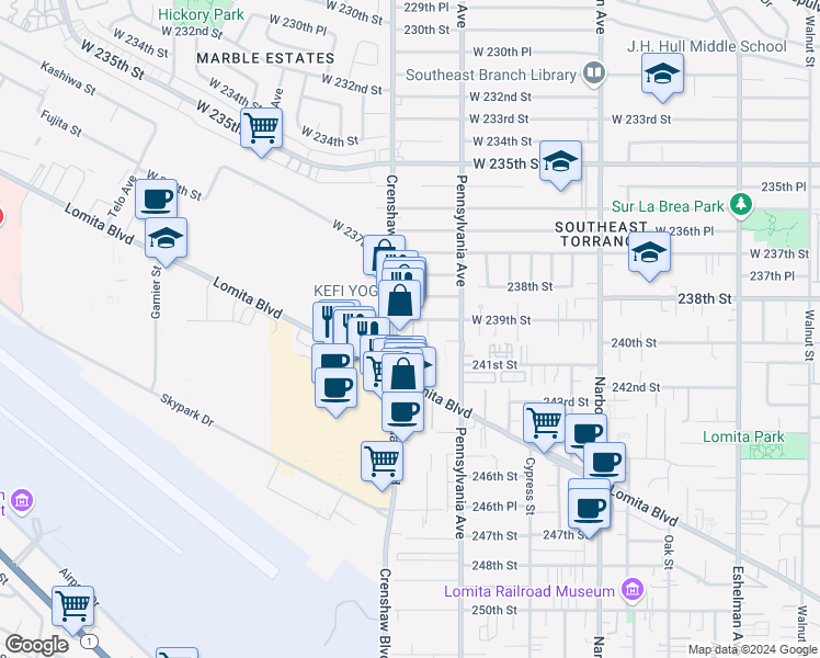 map of restaurants, bars, coffee shops, grocery stores, and more near in Torrance
