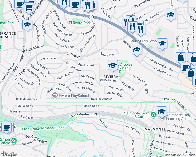 map of restaurants, bars, coffee shops, grocery stores, and more near 5618 Calle De Ricardo in Torrance