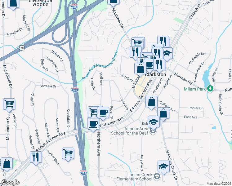 map of restaurants, bars, coffee shops, grocery stores, and more near 1096 Jolly Avenue in Clarkston