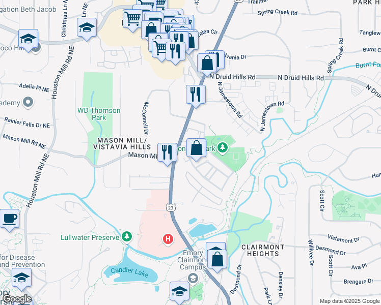 map of restaurants, bars, coffee shops, grocery stores, and more near 1042 Emory Parc Place in Decatur