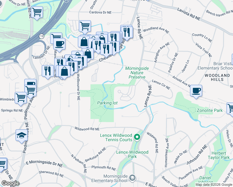 map of restaurants, bars, coffee shops, grocery stores, and more near 1155 Morningside Place Northeast in Atlanta