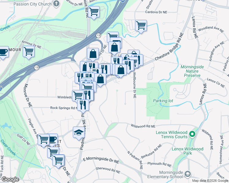 map of restaurants, bars, coffee shops, grocery stores, and more near 1930 Wildwood Place Northeast in Atlanta