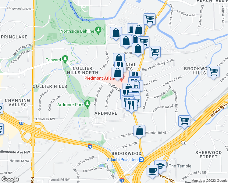 map of restaurants, bars, coffee shops, grocery stores, and more near 1892 Wycliff Road Northwest in Atlanta