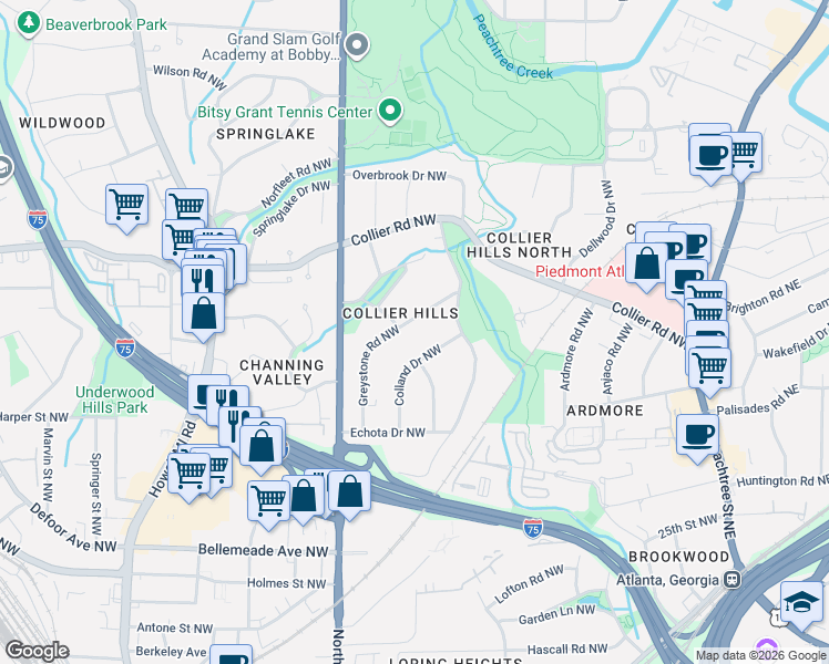 map of restaurants, bars, coffee shops, grocery stores, and more near 1911 Greystone Road Northwest in Atlanta